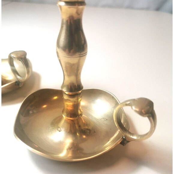 Pair Vintage Brass Chamberstick Candle Holders Ring Handle Finger Hold Drip Tray - Picture 3 of 9